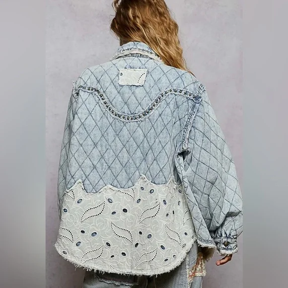 NEW Pol “Rochester” Dust & Denim Quilted Lace Panel Shacket / Jacket Stud Detail - Picture 2 of 7
